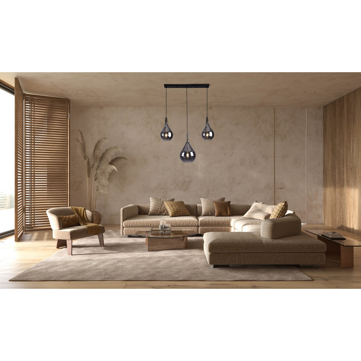 3-er Pendelleuchte "Gota", Retro Klassiker Pendellampe aus schwarzem Rauchglas mit E27-Fassungen, 88 cm lang, 150 hoch, ideal für Esszimmer, Wohnzimmer und Küche.