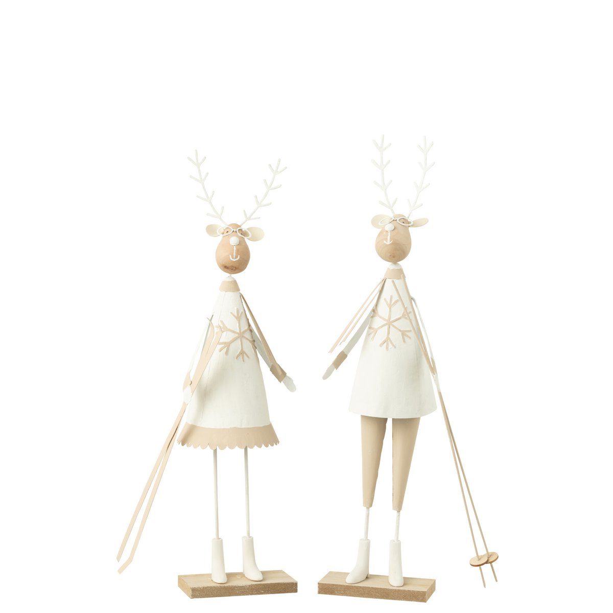 2er Set Rentier Deko Figuren Jungen Mädchen Metall Holz Weiß Beige 49 cm