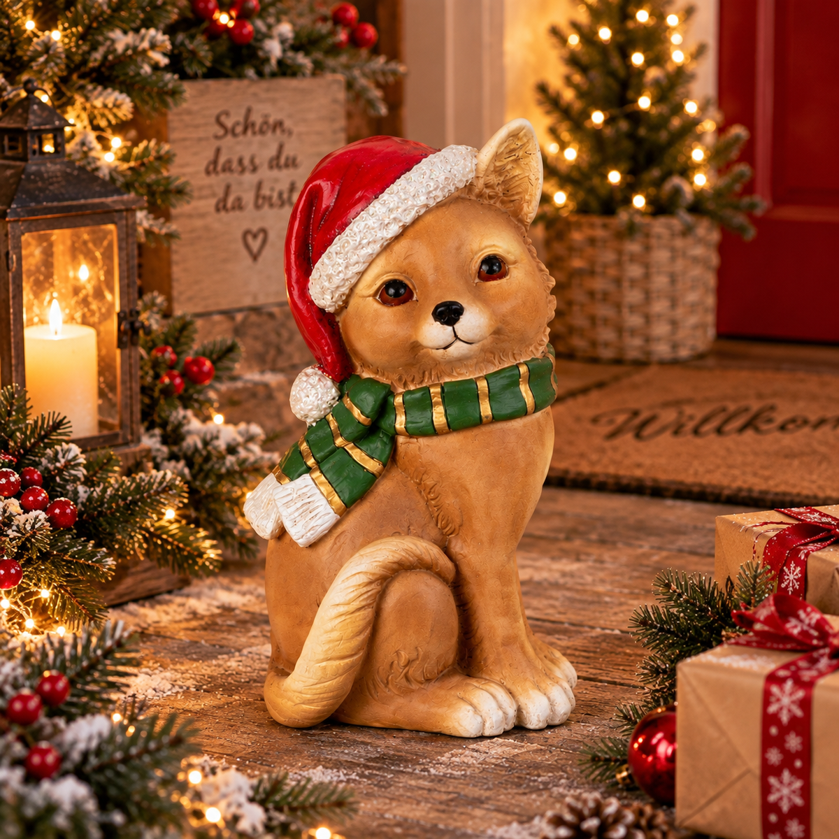 Weihnachtsfigur Katze Weihnachtszauber mit Nikolausmütze 39 cm