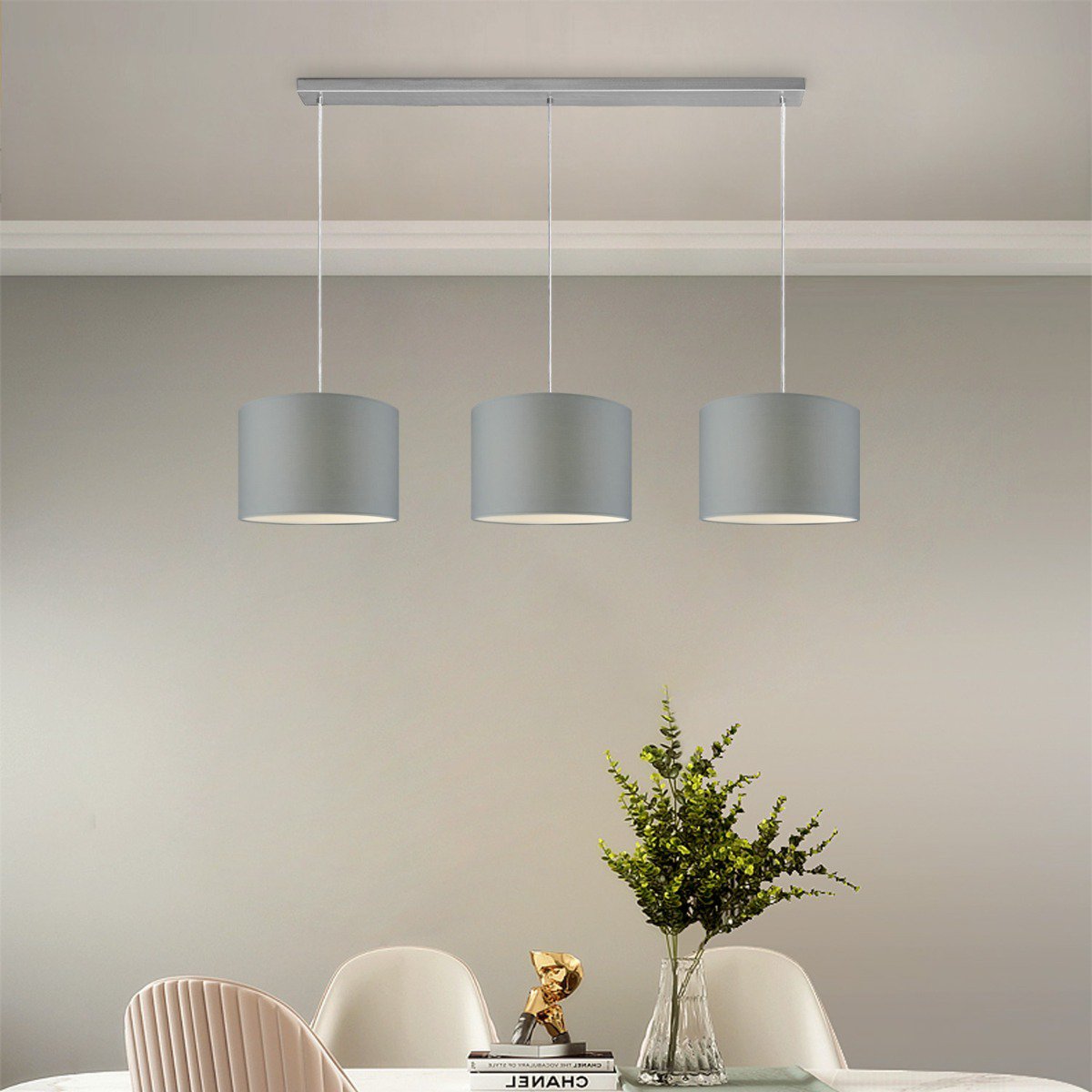 Hängelampe Beam 3L, E27, grauer Lampenschirm, 30 cm