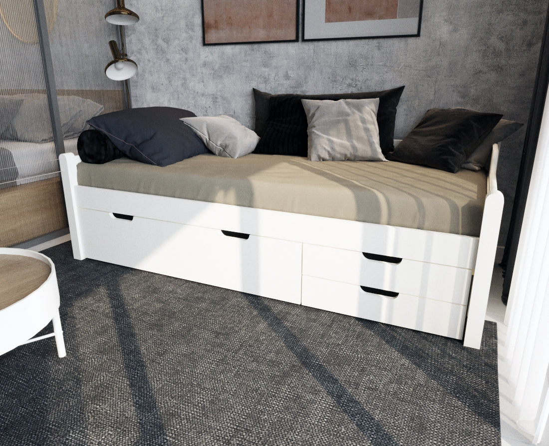 Einzelbett 90x200cm | 3-Schubladen | 100% Bio-Kiefer Massivholz Gästebett