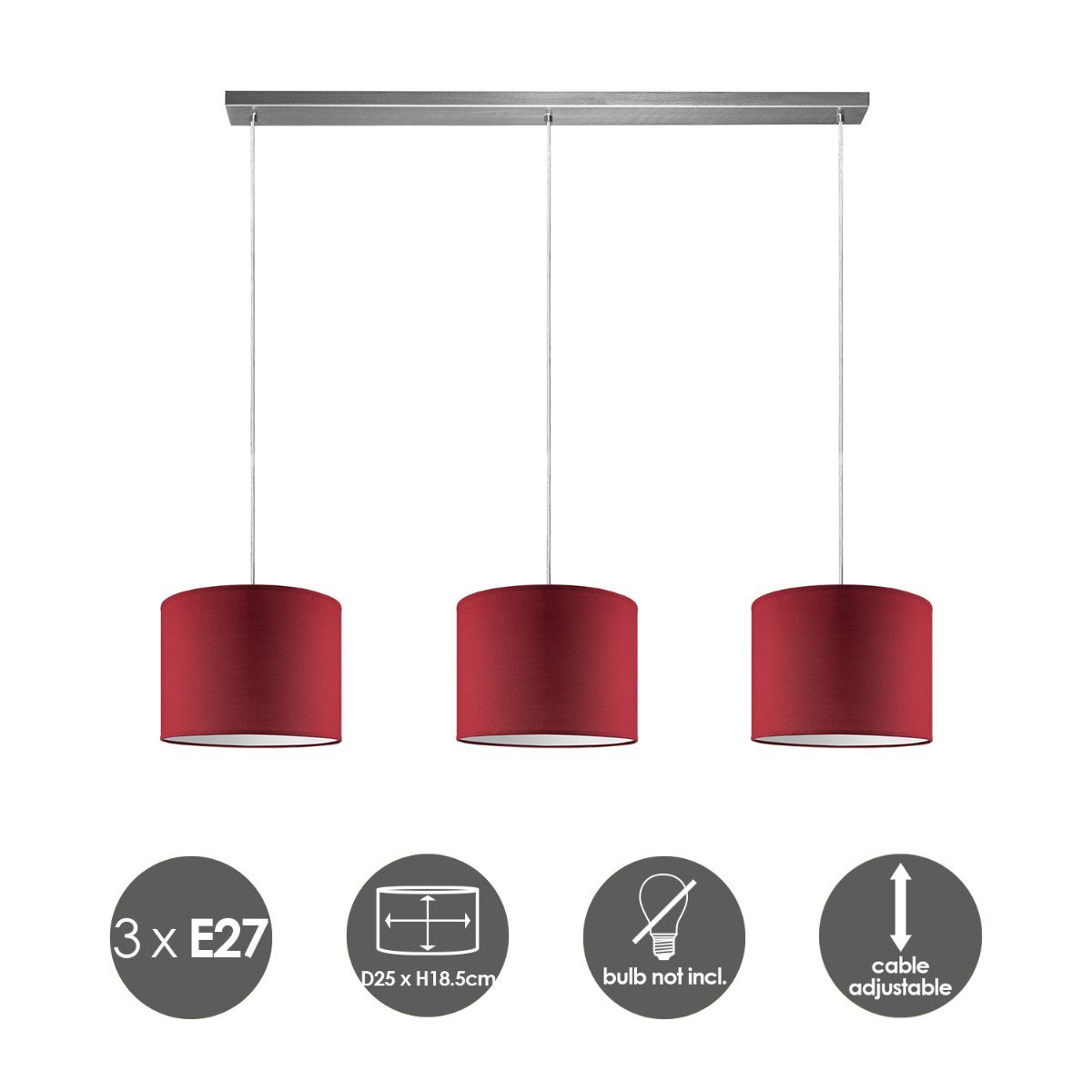 Hanging lamp Beam 3L, E27, red lampshade, 25cm