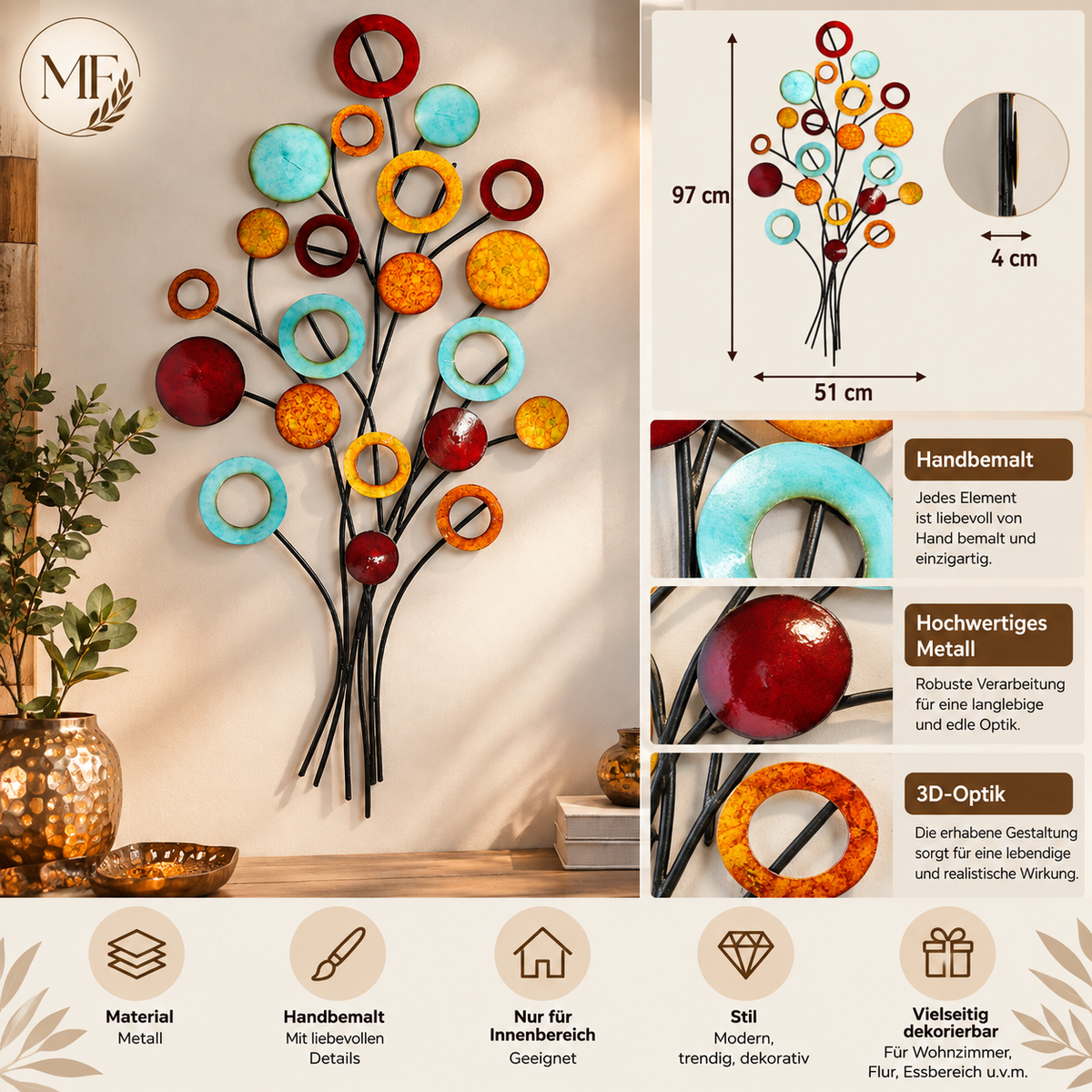 Wanddecoratie BUNTI metalen reliëf levensboom