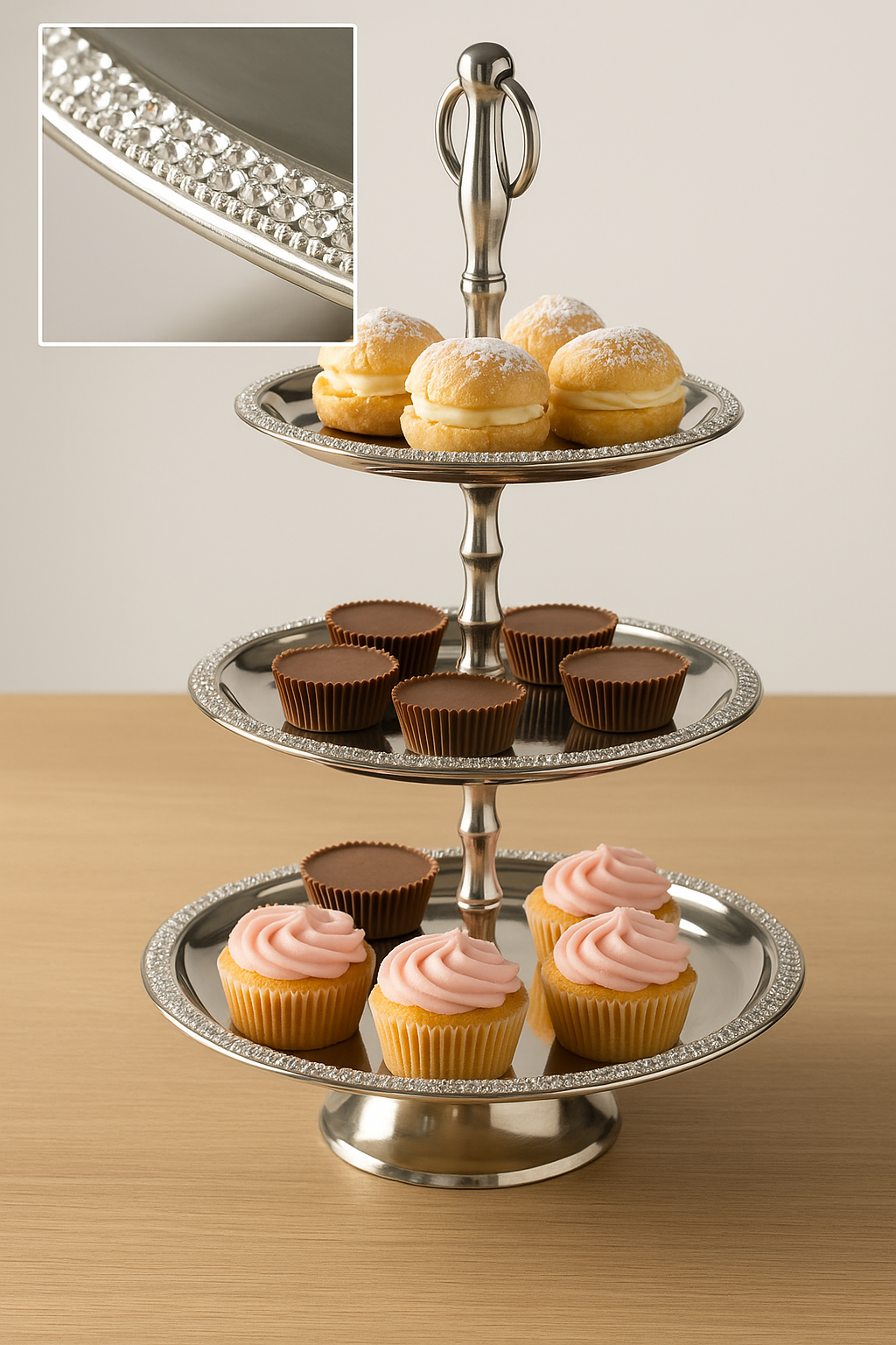 Etagere Brilli Silber Drei Etagen mit Kristallsteinen Handgefertigt Edelstahl