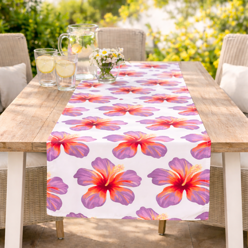 Tischläufer Hibiscus Polyester Beige Violett Floral Tischdekoration