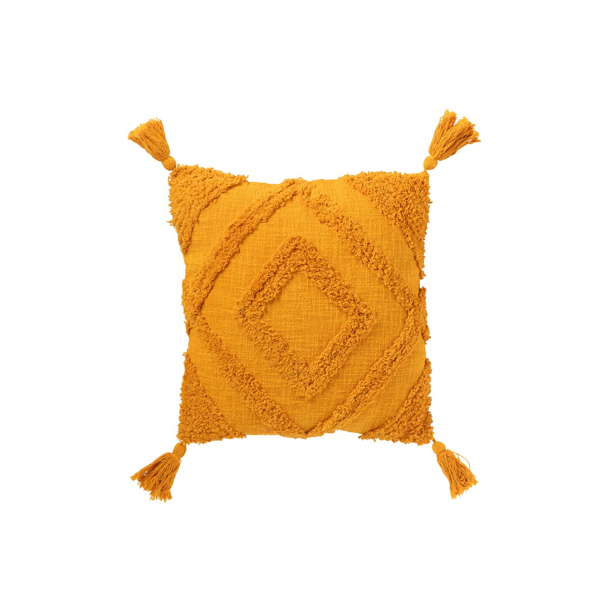 Quadratisches Kissen mit Quasten und Muster – Ocker Boho Design