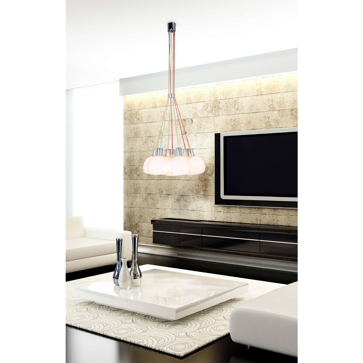 Pendelleuchte "RAINBOW-BOWL" insgesamt 120 cm hoch, 7 Glasschirme Ø 16 cm, aus chromfarbenem Metall, opalweißem Glas und bunten Zuleitungen, E14-Fassungen