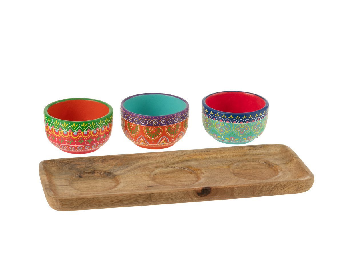 Servierset Mumbai – 3 Terracotta-Schalen mit Holztablett