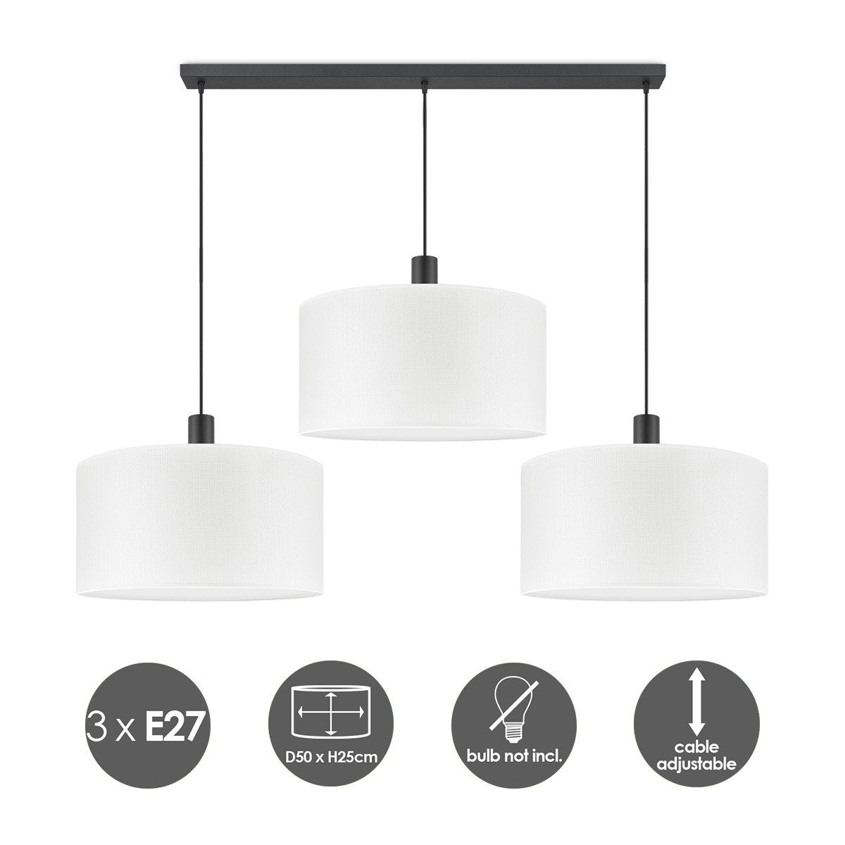 Hanglamp Canvas -XXL Strahl 3L - Wit - 50 cm