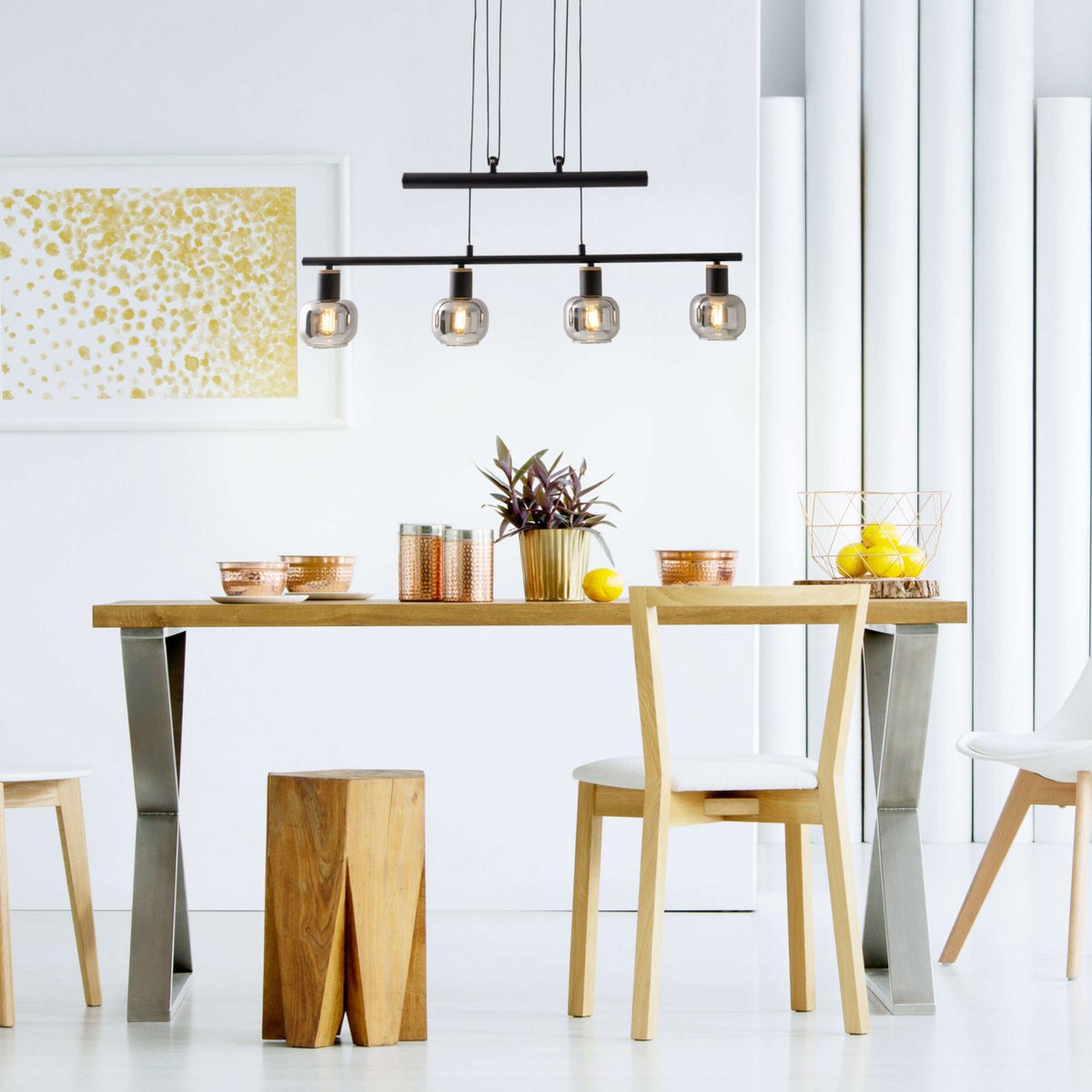 4er Pendelleuchte "FUMOSO", Pendellampe höhenverstellbar aus Metall und Rauchglas in Schwarz,, mit E14-Fassung, für Esszimmer, Wohnzimmer, Diele oder Büro, 78 x 10 cm