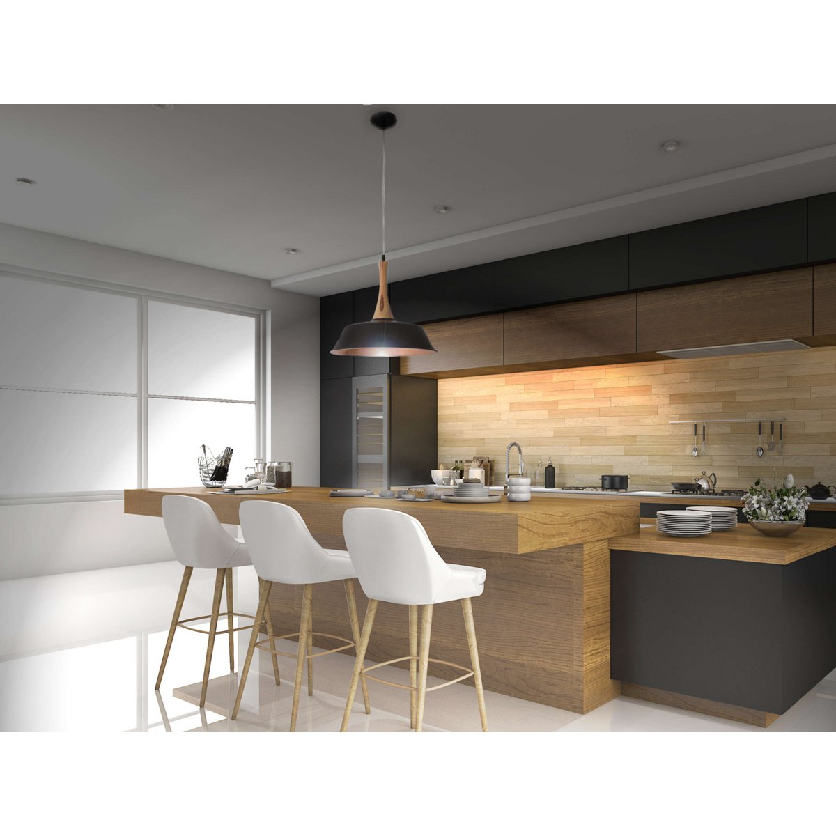 Pendelleuchte "CULUM" Ø 36cm aus Metall in Schwarz und Kupfer, mit Holz, E27