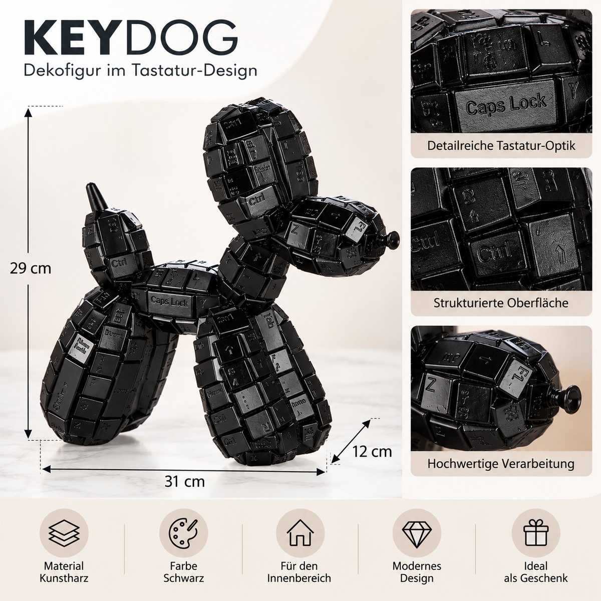 Dekofigur KeyDog XL Ballonhund Schwarz Tastatur-Design 31 cm