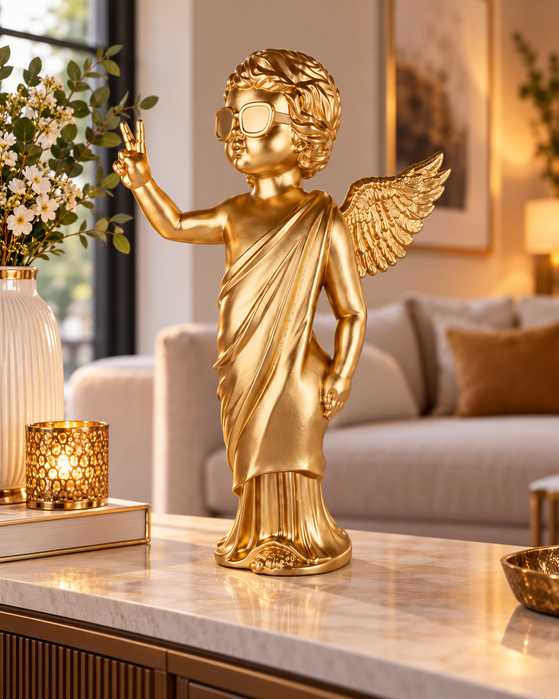 Dekofigur Engel Gloria goldfarben mit Sonnenbrille 50 cm
