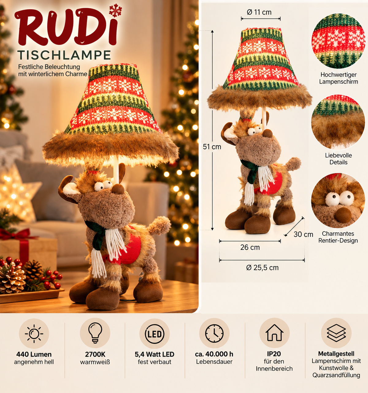 Tischlampe Rudi Rentier Weihnachtsleuchte 51 cm