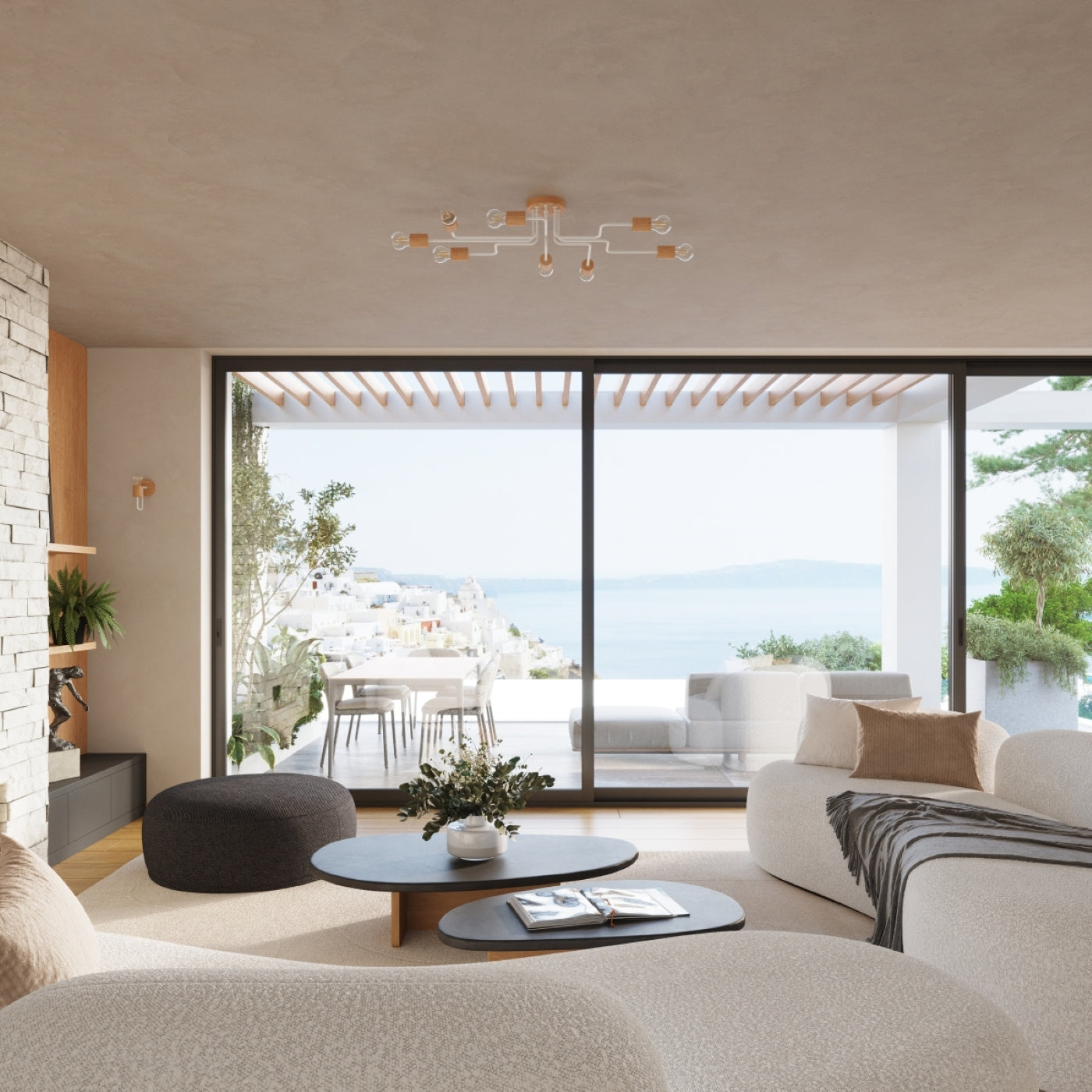 Kronleuchter Timbo 6 Weiß Naturholz Skandi Stil