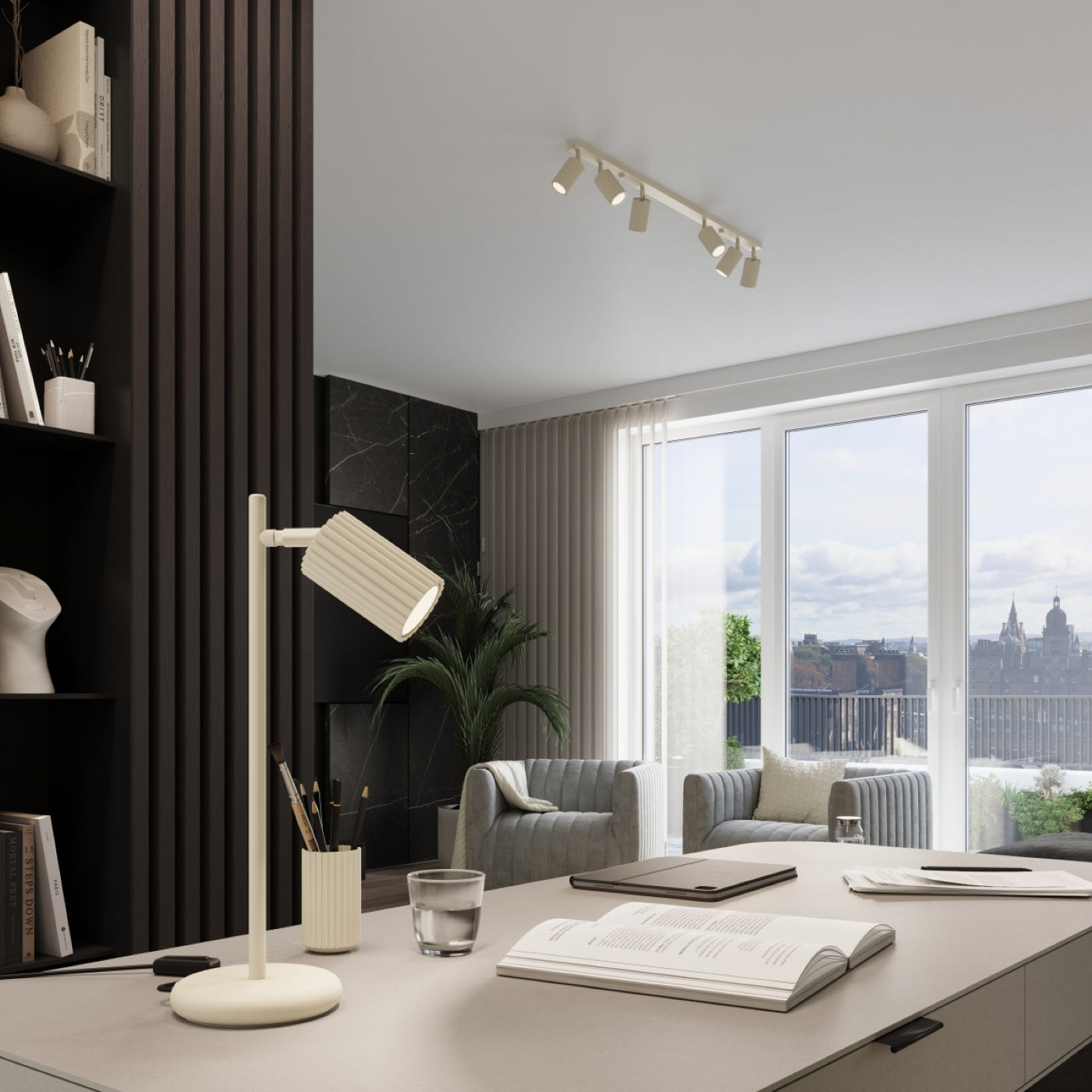 Pendelleuchte Karbon 3L Beige Aluminium Modern Linear