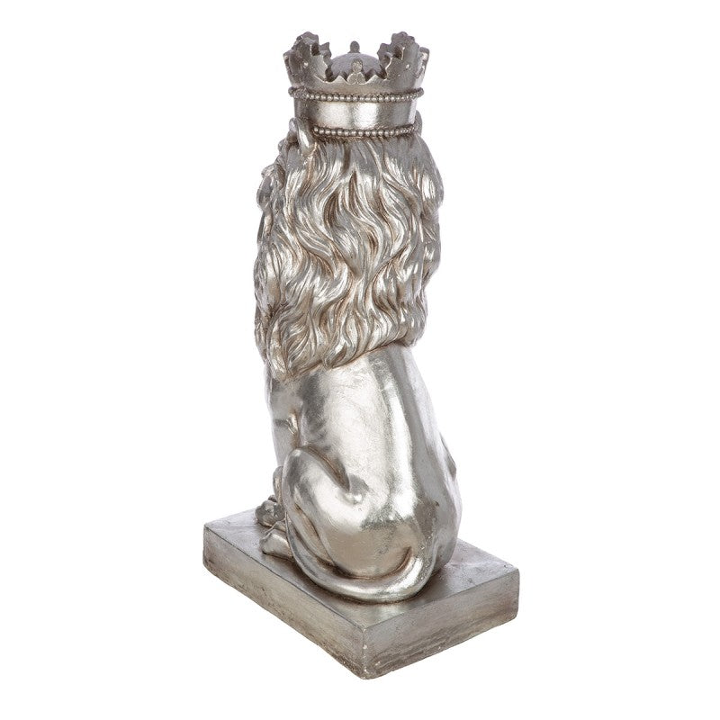 Skulptur Löwe mit Krone aus Magnesia silberfarben Majestätische Präsenz für den Außenbereich
