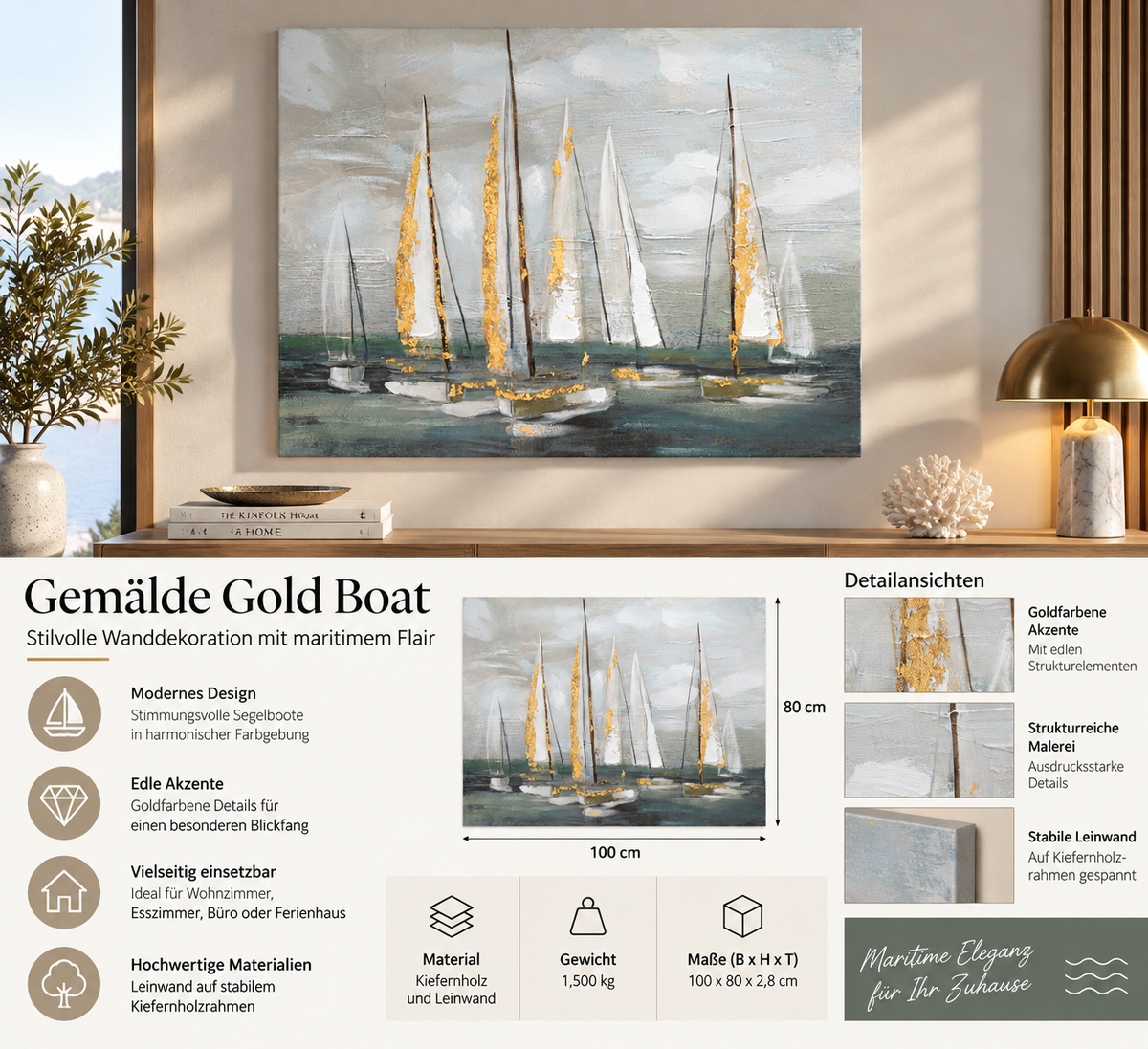 Wall picture Golden Sails Glam Sea Canvas 100x80cm