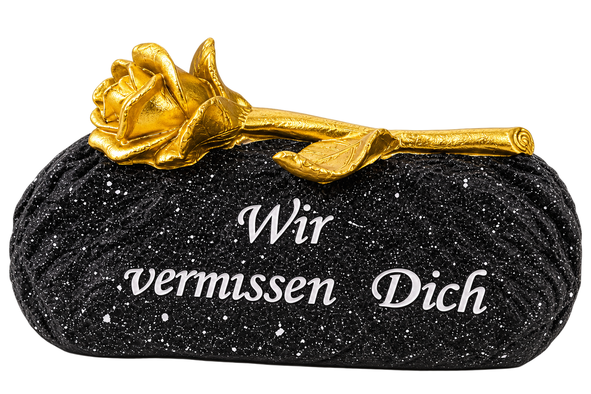 Gedenkstein Wir vermissen Dich schwarz gold mit Rose 16 cm