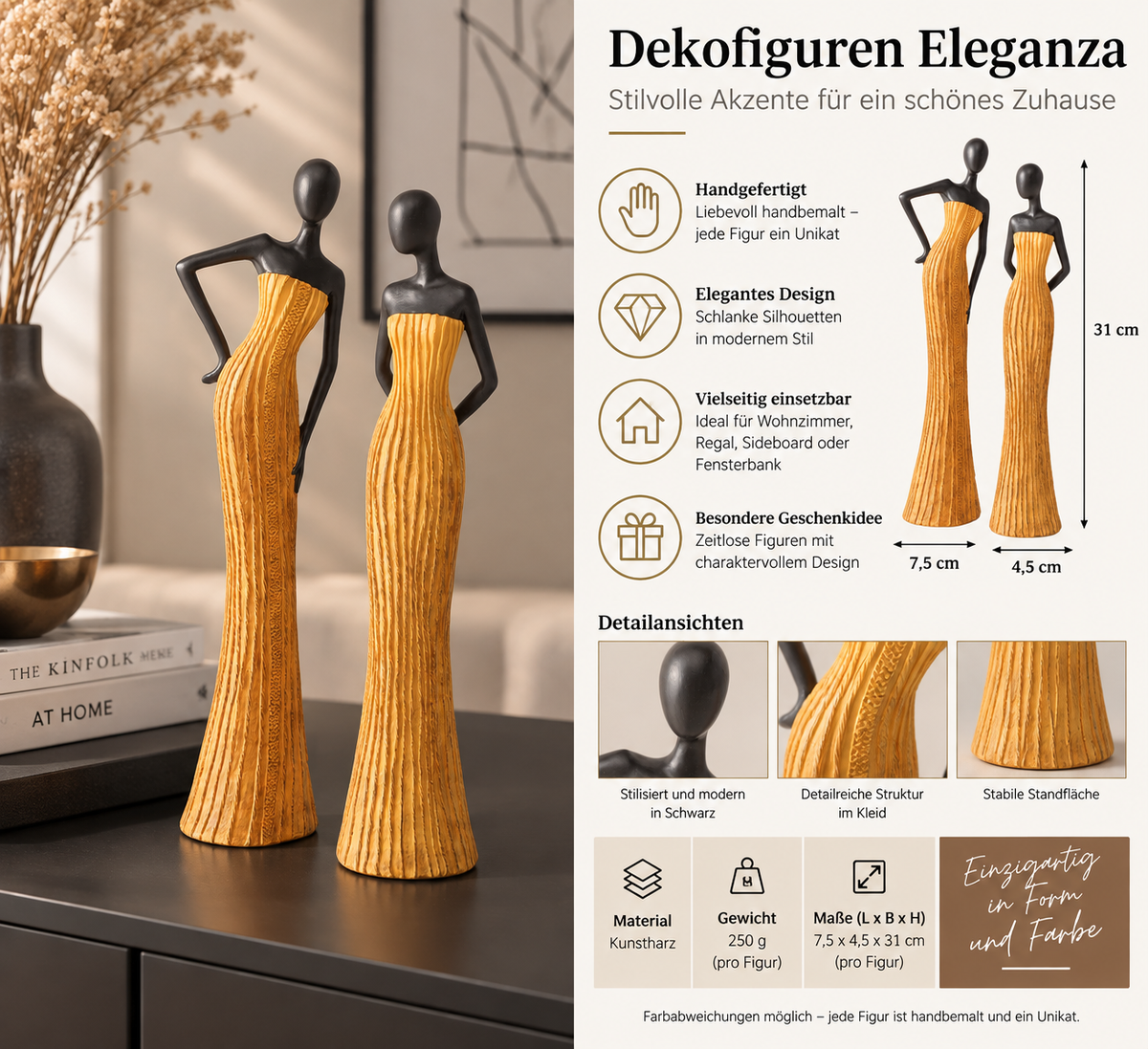 Set van 2 decoratieve figuren Elena in zwart en geel 31 cm handgemaakt