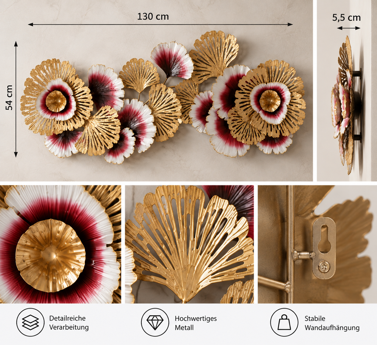 Wanddekoration Blumenpracht Gold Weiß Rot 130 cm