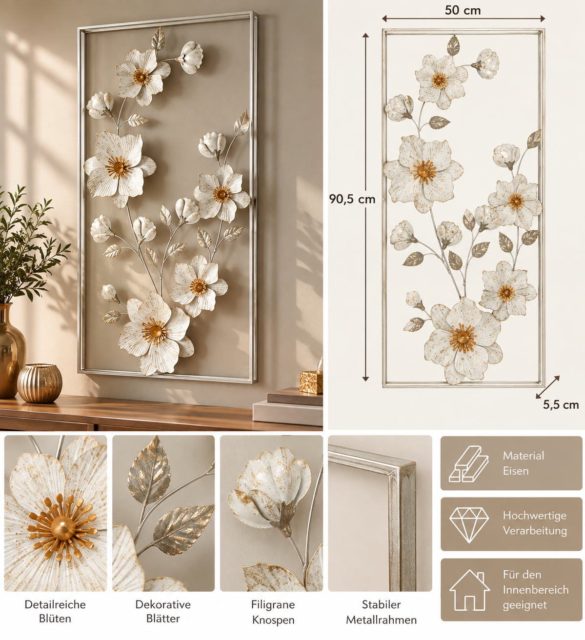 Wanddekoration Flix Blumenmotiv Weiß Gold 90,5 cm