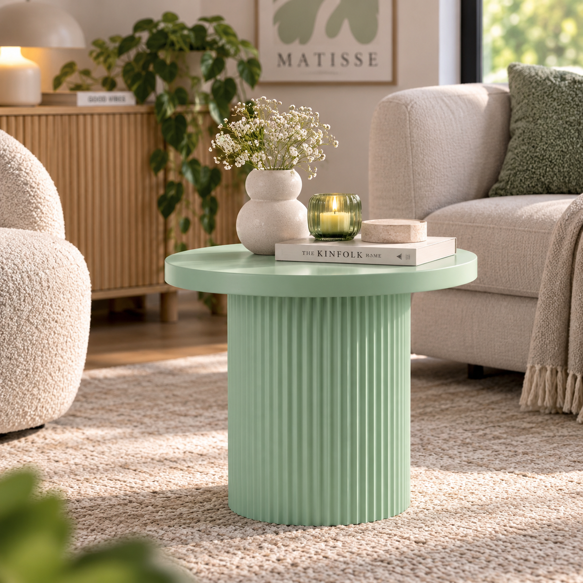 Design coffee table Milo round metal mint green grooved look 40 cm