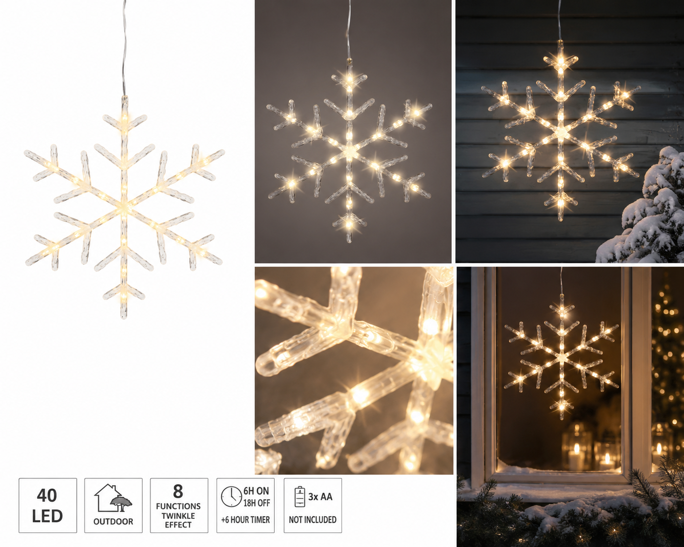 LED Schneeflocke Winterlicht warmweiß 40 LEDs für Innen und Außen