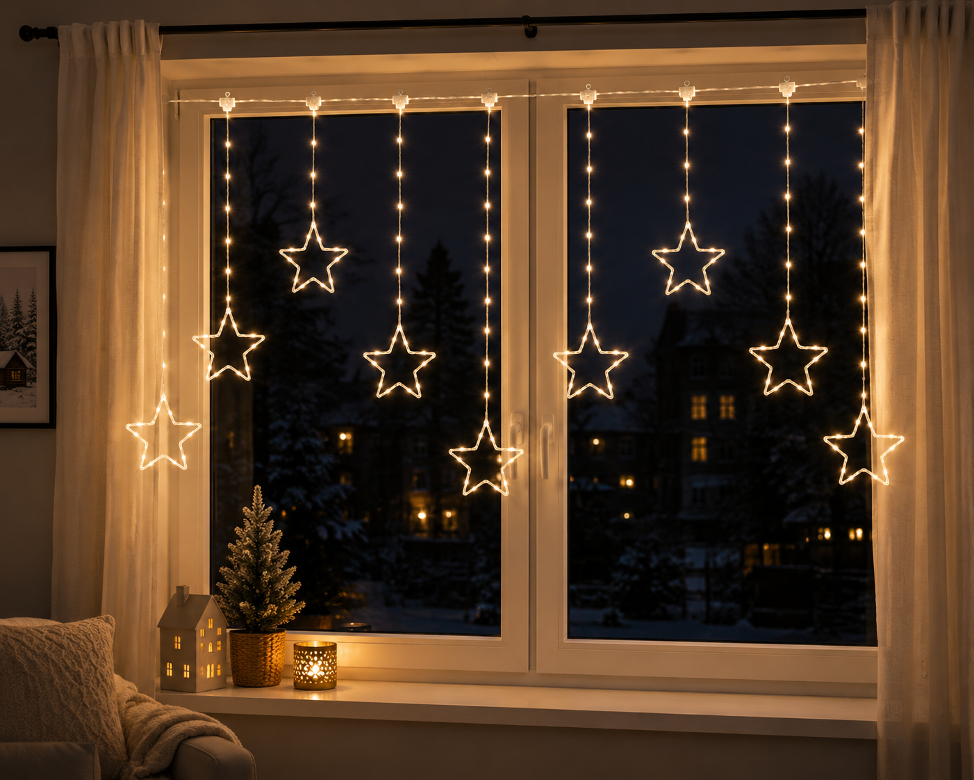 Micro LED Lichtvorhang Sternenzauber mit Sternen warmweiß 120 x 60 cm für Innen und Außen