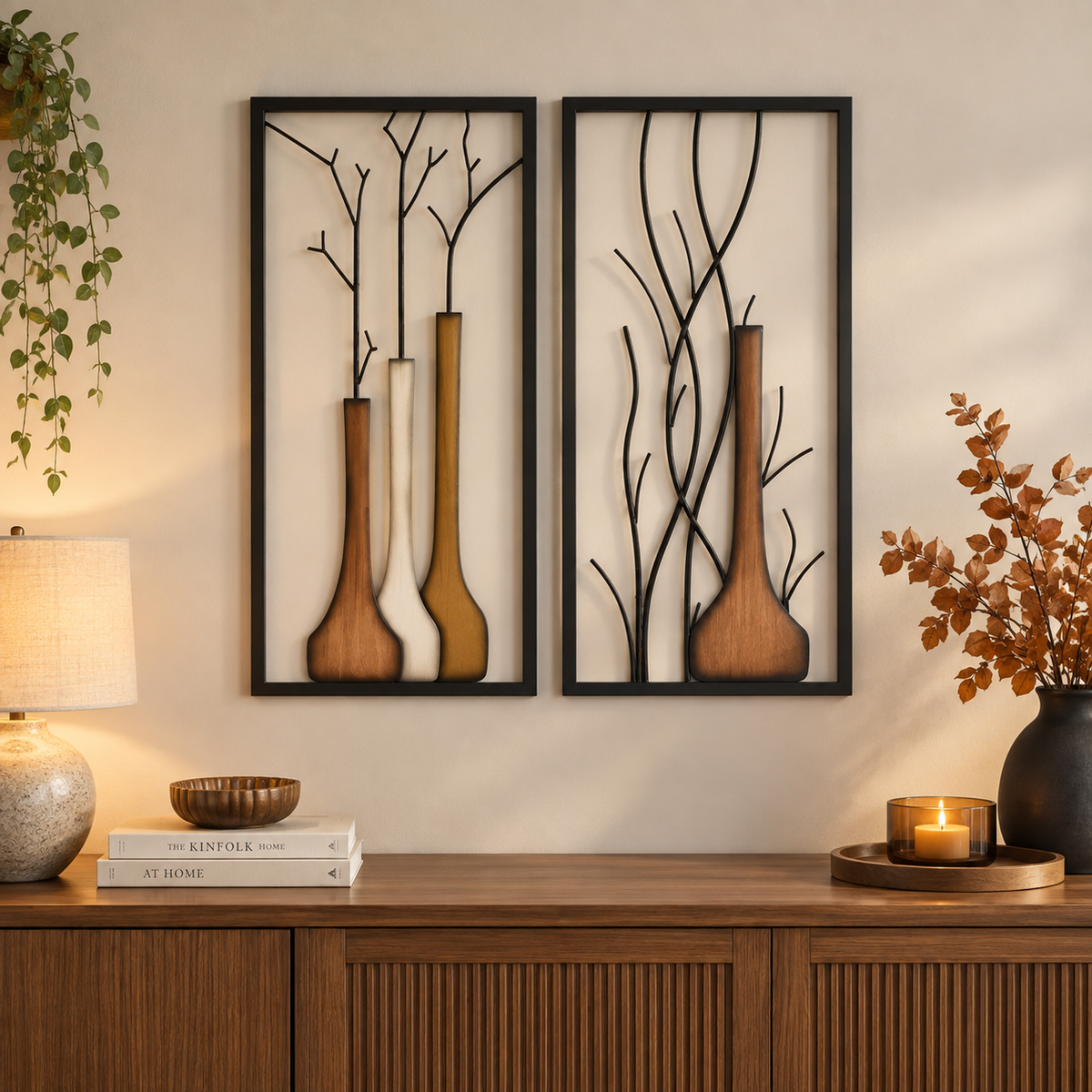 Wandbild 2er Set Vase Herbst Winter Design Handbemalt Metall 80x40cm