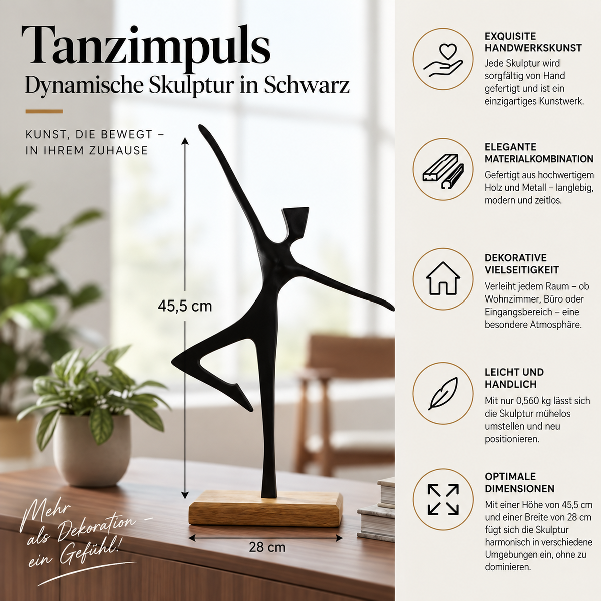 Dansimpuls – dynamisch beeld in zwart, hoogte 45,5 cm