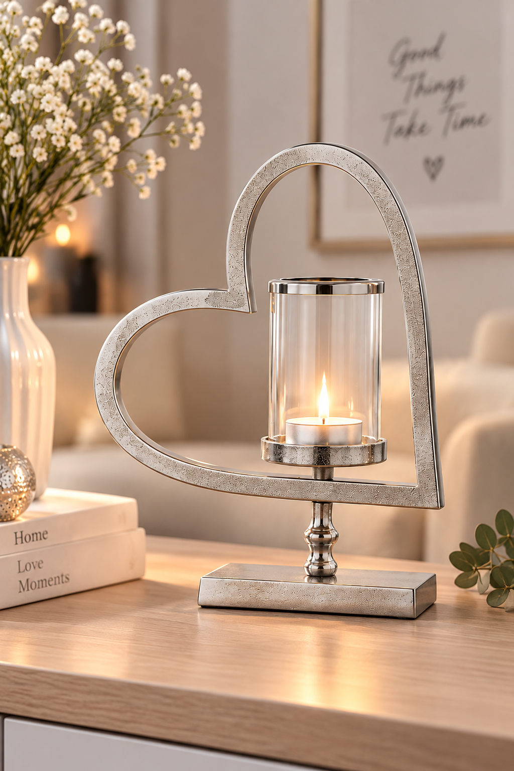 Elegante theelichthouder "Heart of Light" - metaal & glas, 32,5 cm hoog