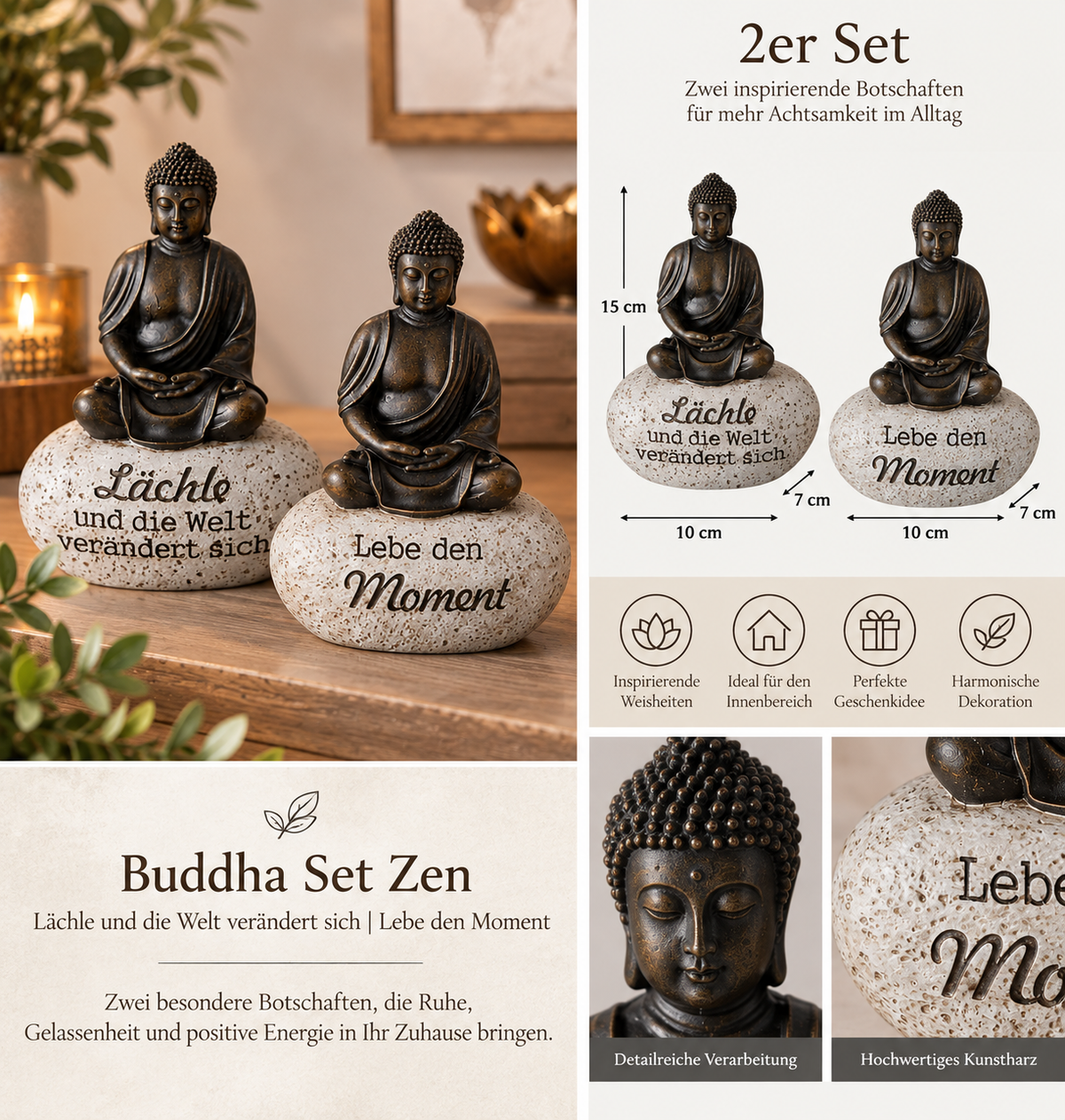 Decoratieve displayset Zen Boeddha met wijsheid - set van 2, 15 cm