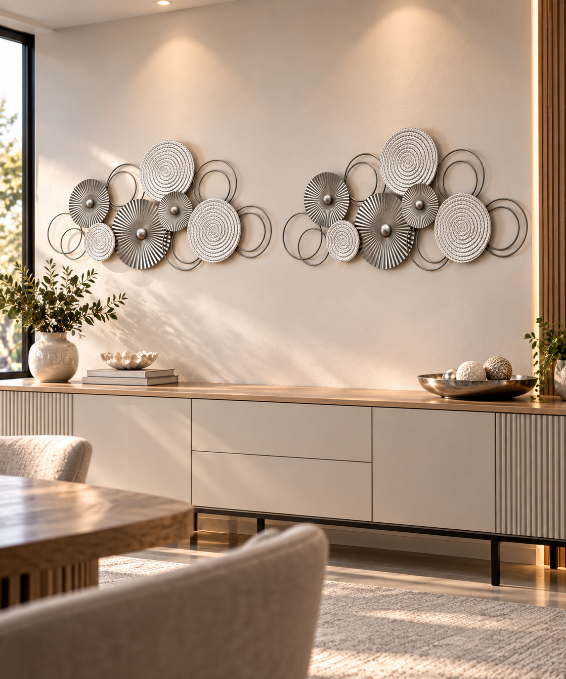 3D wanddecoratie Sixo cirkels metalen afbeelding 83x38 cm zilver wit