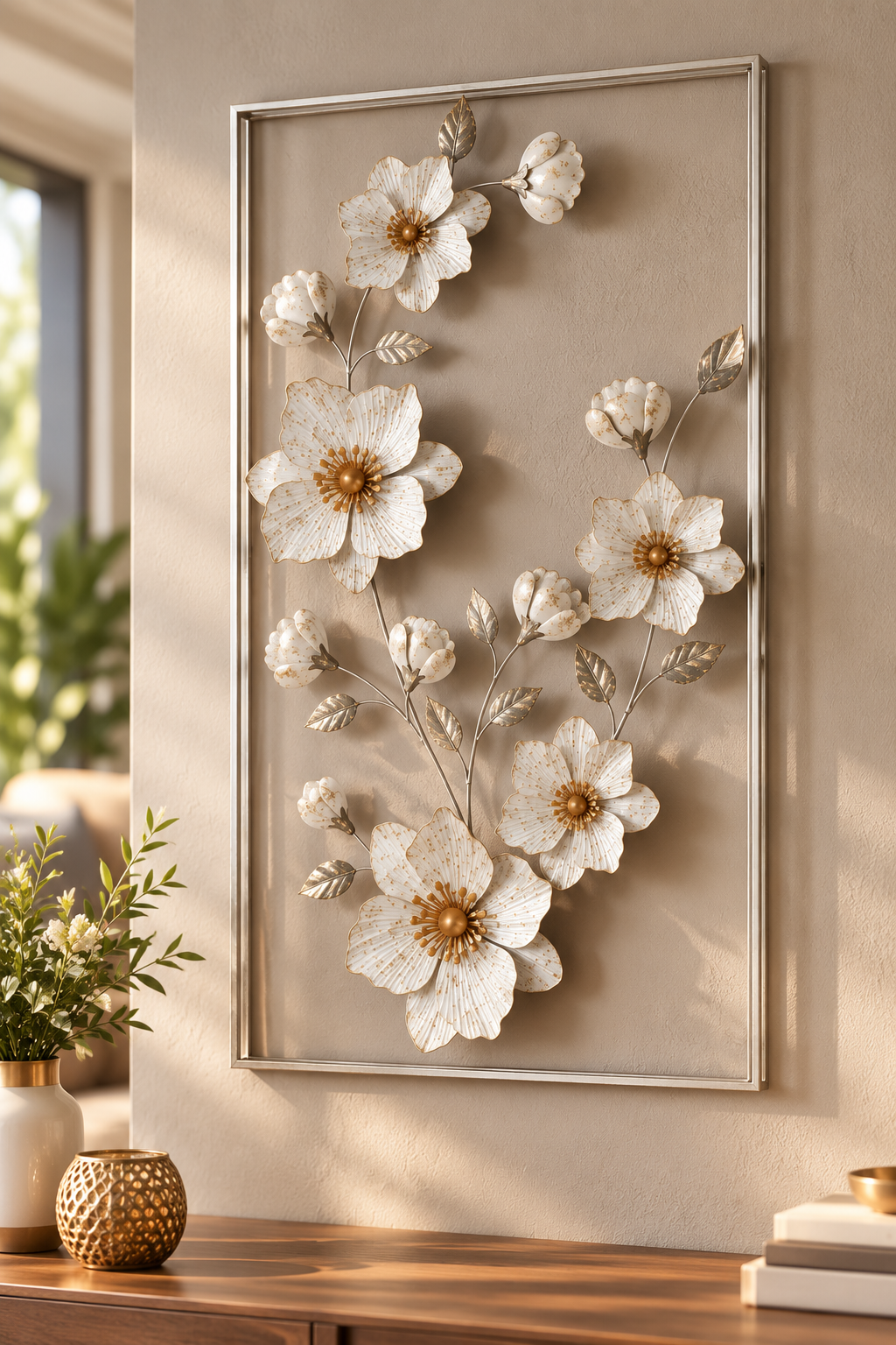 Wanddekoration Flix Blumenmotiv Weiß Gold 90,5 cm