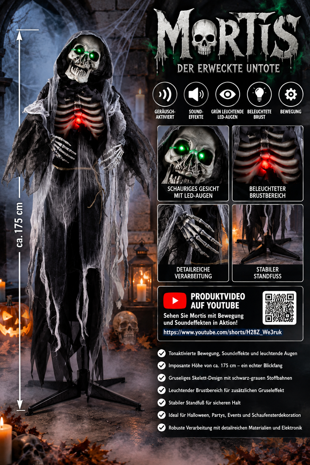 Horrorfiguur Mortis met geluid en LED-ogen 175cm