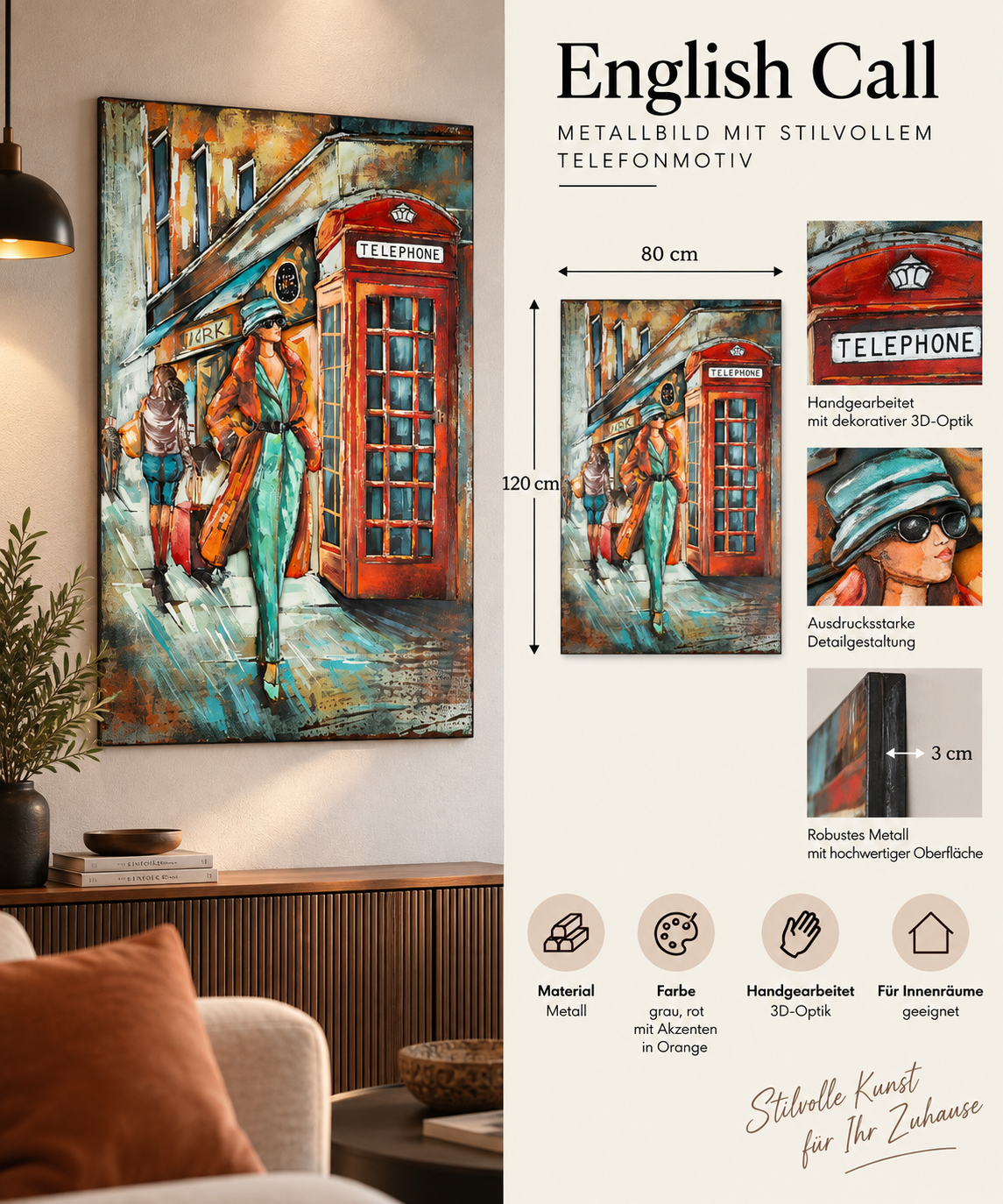 Metallbild English Call rechteckig grau rot 80 x 120 cm