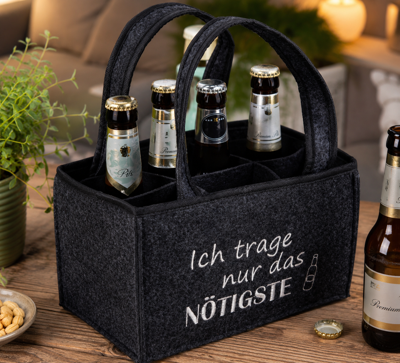 Bierflaschenträger Nötigste Filztasche für 6 Flaschen mit Tragegriff