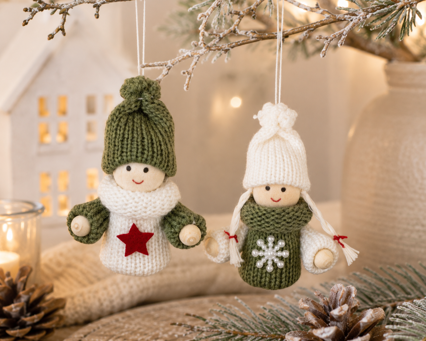 Weihnachtsanhänger Holzpüppchen Malia 8er Set in Grün und Weiß
