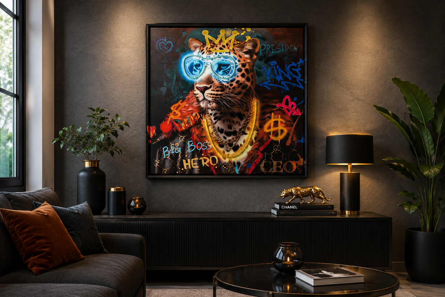 Neon Majesty LED Leopard Wandbild 83 x 83 cm