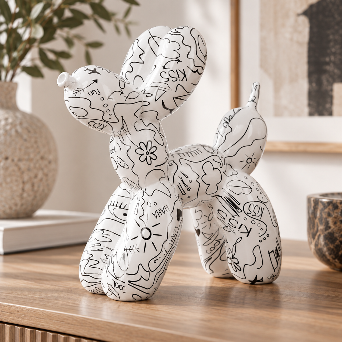 Dekofigur Doodle Dog Ballonhund weiß schwarz 26 cm