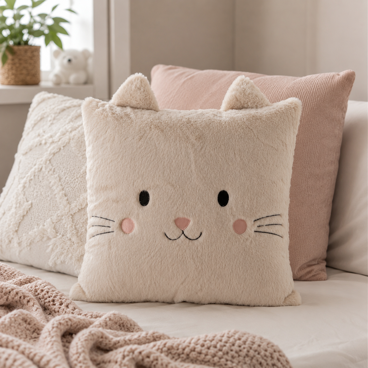 Dekokissen Mizi mit Katzenmotiv beige aus Polyester 40 cm