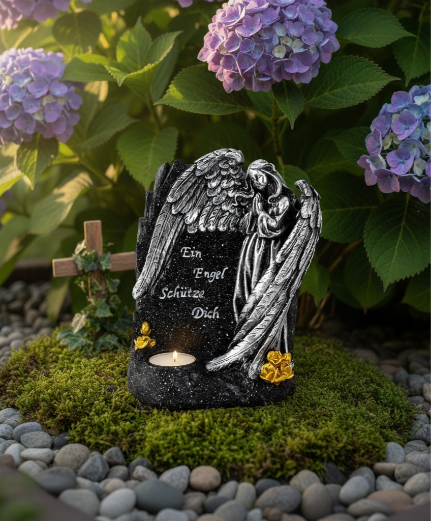 Grabengel Schutzlicht mit Spruch und Kerzenhalter in Schwarz Silber Gold