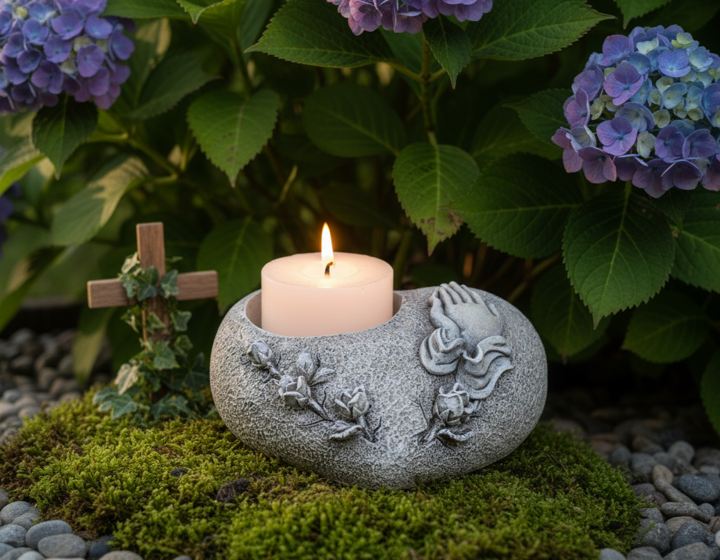 Grabherz Betende Hände Grau für Grabkerze Polyresin