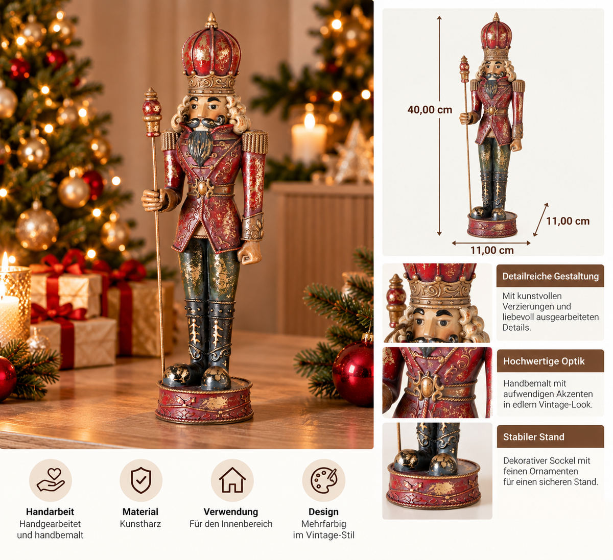 Nussknacker Figur Kronenwächter rot gold 40 cm