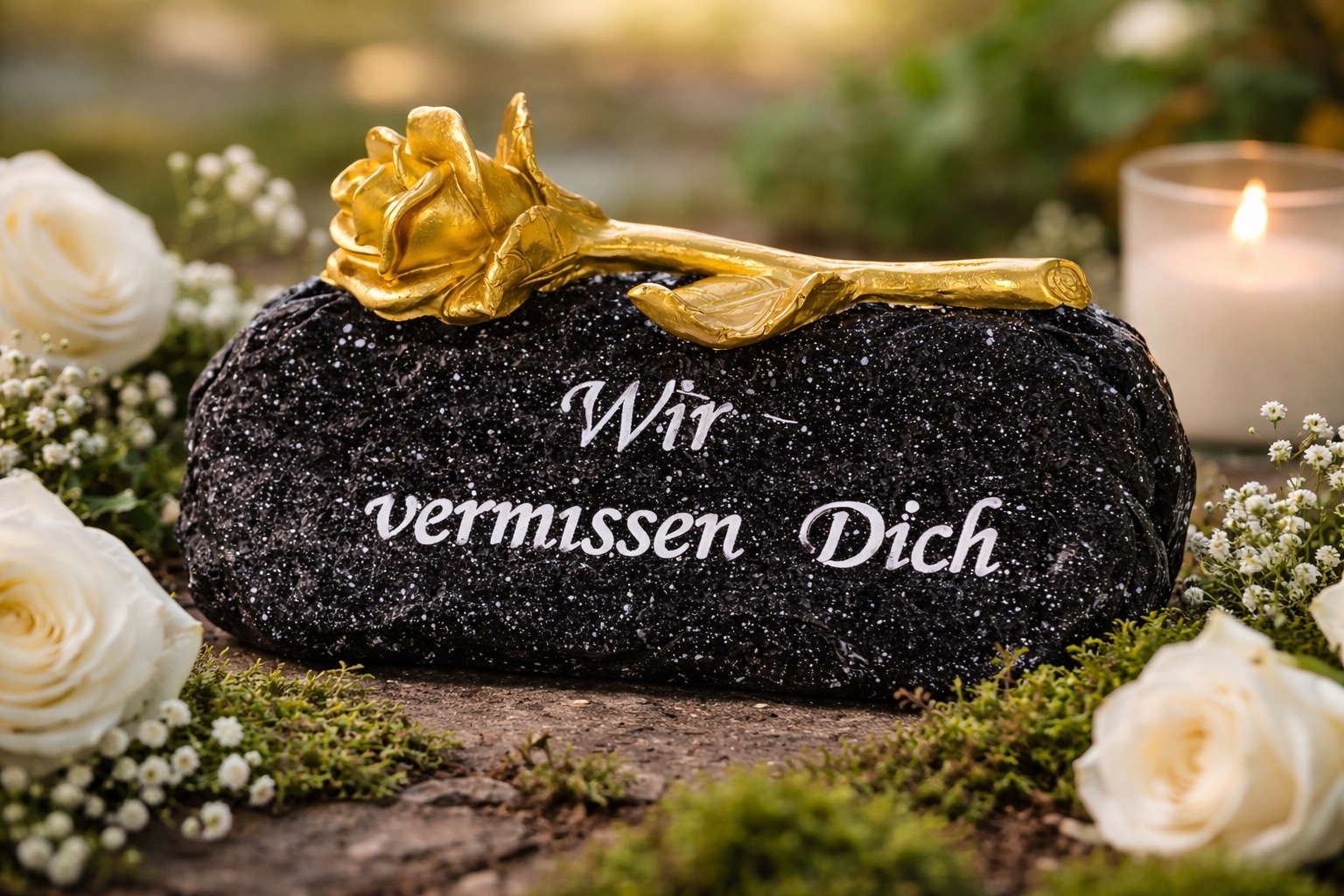 Gedenkstein Aurora mit Goldrose Wir vermissen Dich 16cm