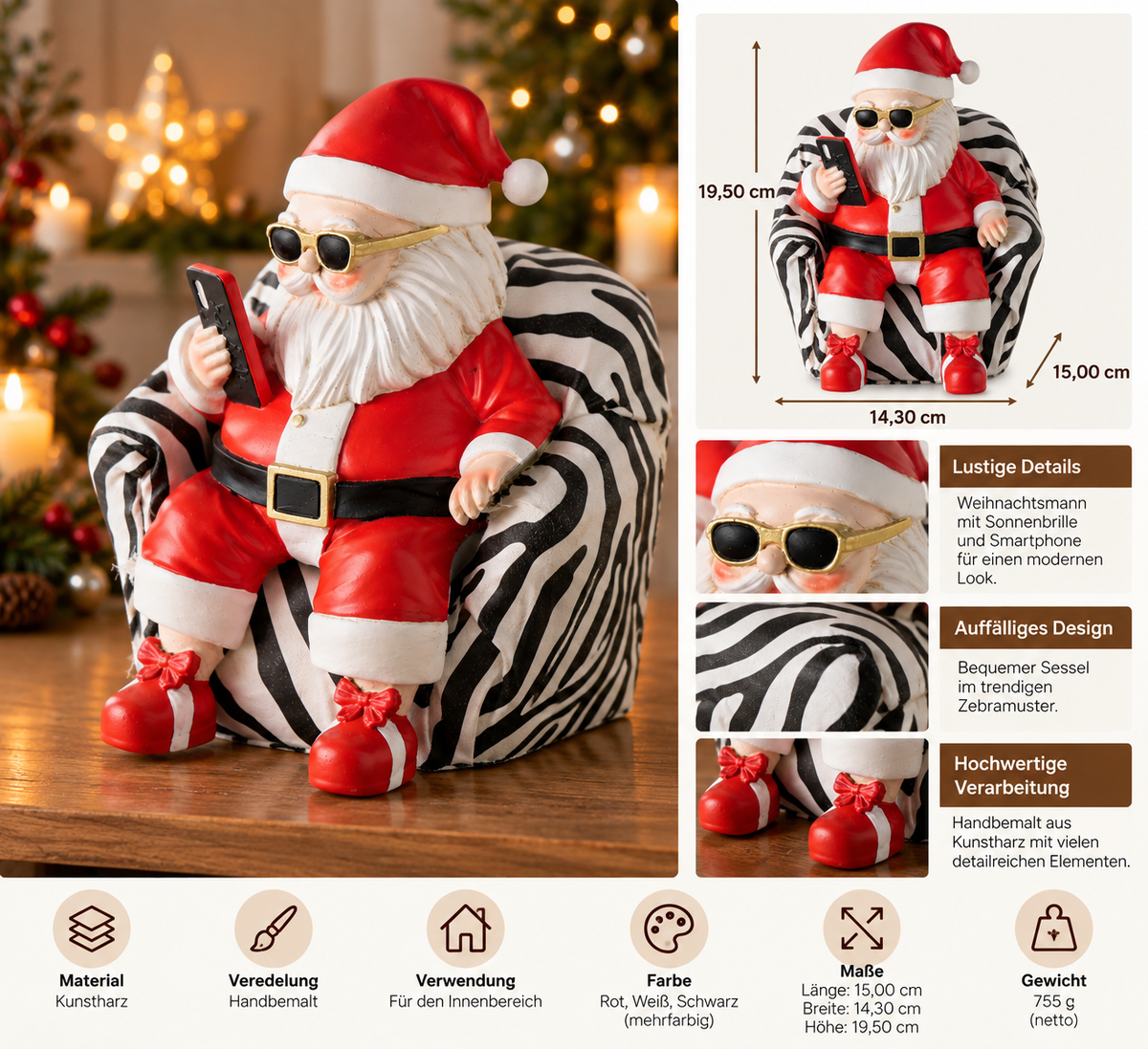 Weihnachtsmann Harries im Zebrasessel rot 19,5 cm