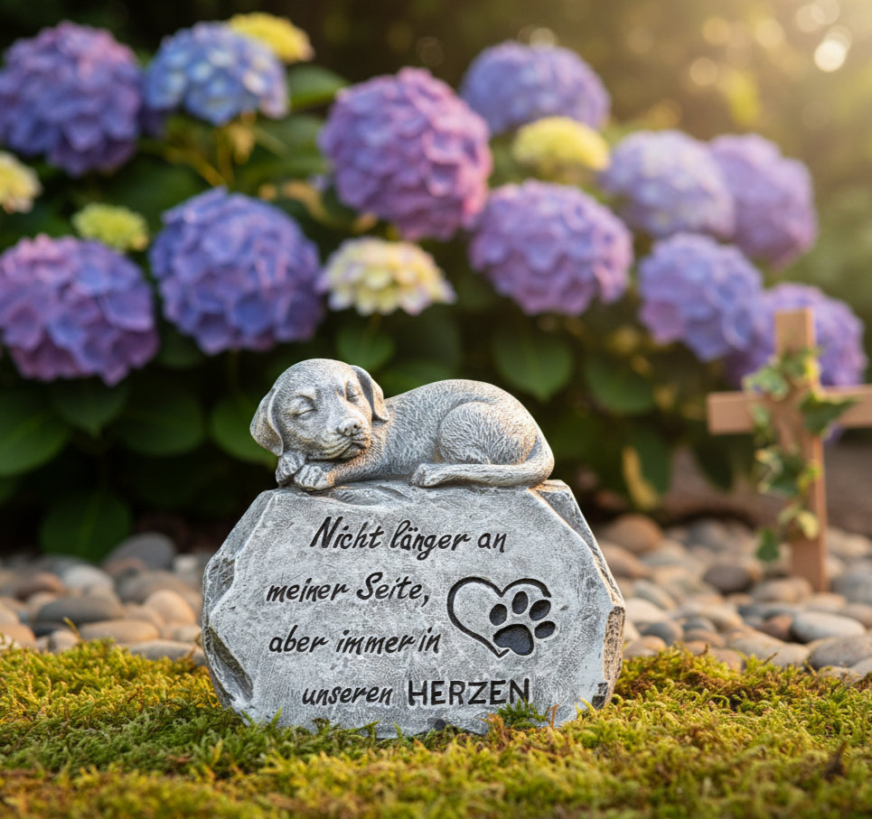 Treuer Begleiter Hund auf Grabstein 15 cm aus Polyresin – Gedenkfigur in Grau