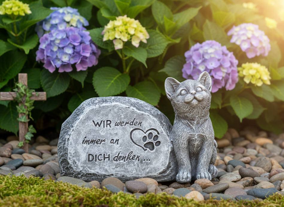 Gedenkstein Katzenliebe mit Katze und Spruch