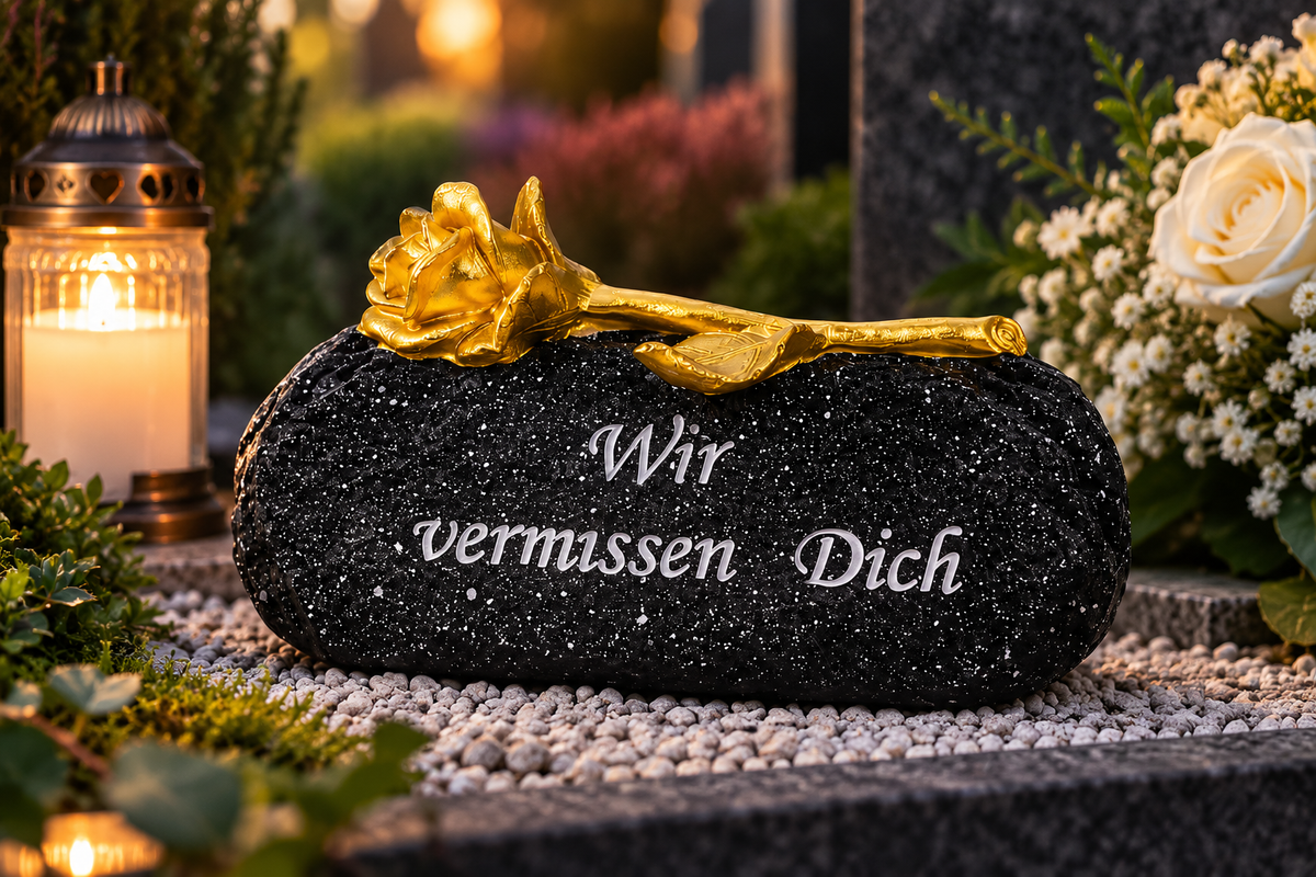 Gedenkstein Wir vermissen Dich schwarz gold mit Rose 16 cm